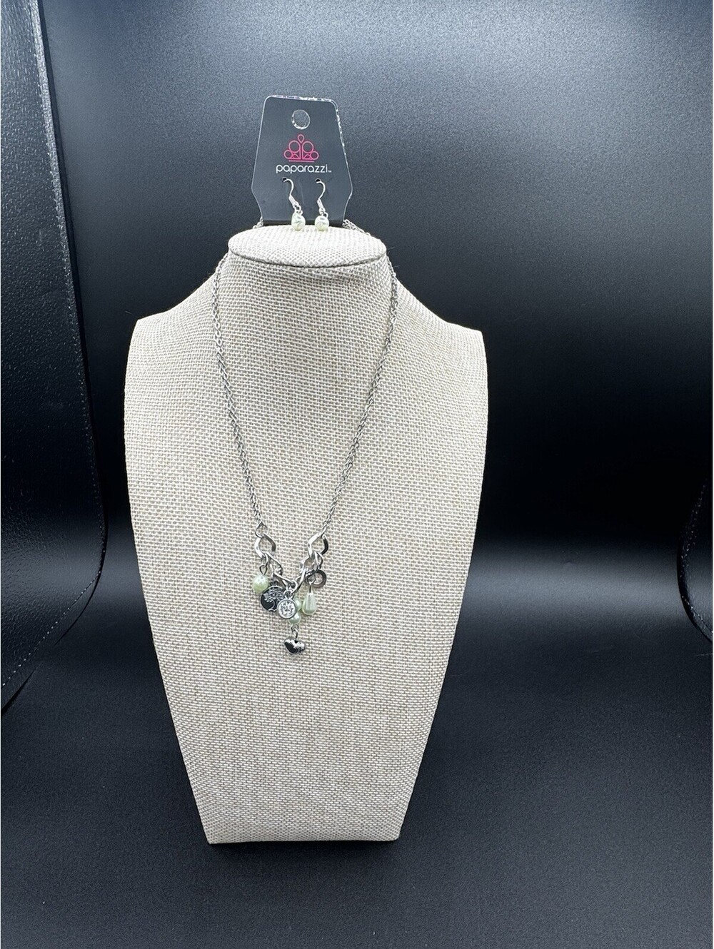 Paparazzi Tree of Life Charm Necklace Set Silver Tone Mint Green Pearl Beads NWT